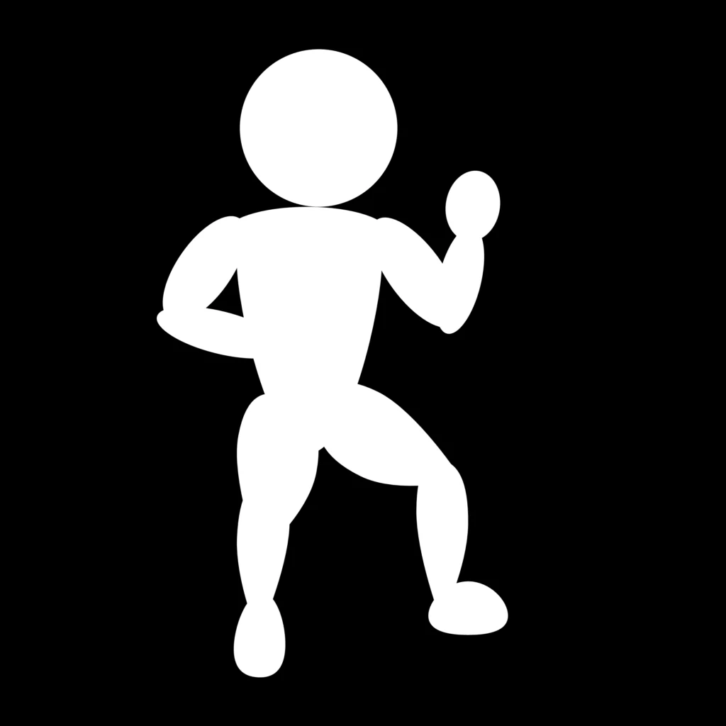 White icon on a black background showing a stick figure performing a middle block