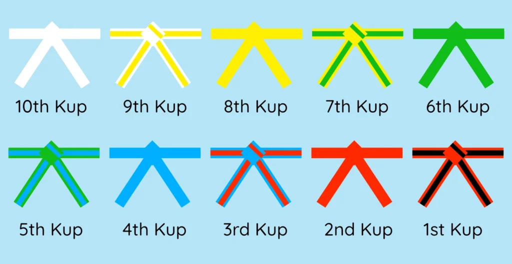 A chart showing progression through the 10 Kup Grades in Taekwondo. Coloured belts indicate each rank.