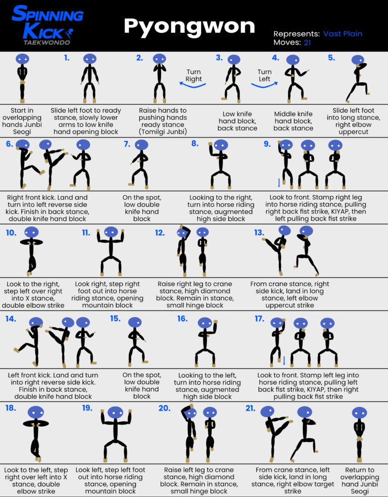 Spinning Kick's Guide to Pyongwon, demonstrating each move of the Taekwondo pattern with a simple stick figure and basic instructions