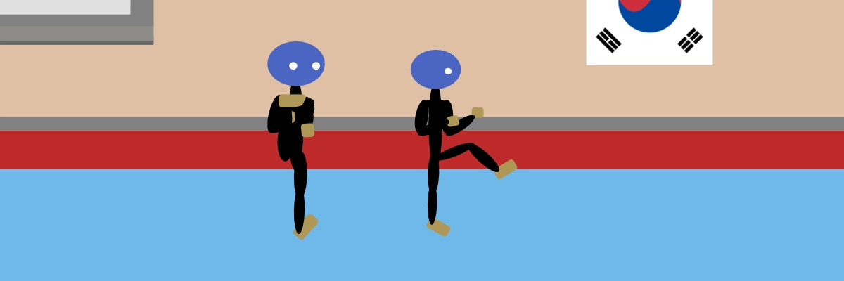 Banner image for Spinning Kick's Dojang, showing two stick figures performing kicks