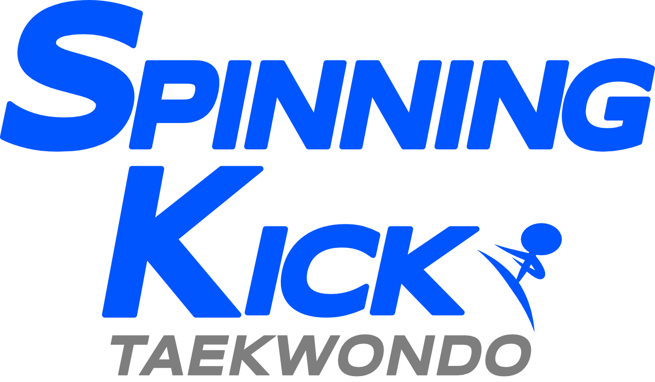 Official logo for Spinning Kick Taekwondo. Spinning Kick is written in bold blue font, with Taekwondo in grey underneath the word 'kick'. A blue stickman is posed in a kicking position towards the last k.