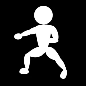 White icon on a black background showing a stick figure performing a middle punch