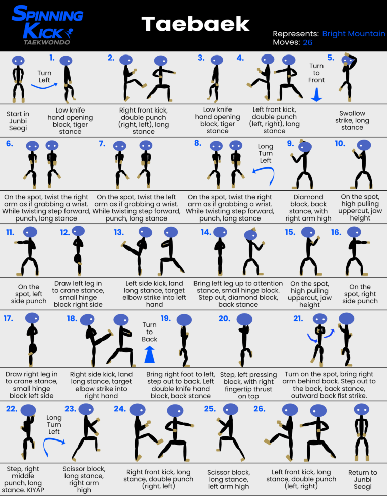 Spinning Kick's Guide to Taebaek, demonstrating each move of the Taekwondo pattern with a simple stick figure and basic instructions