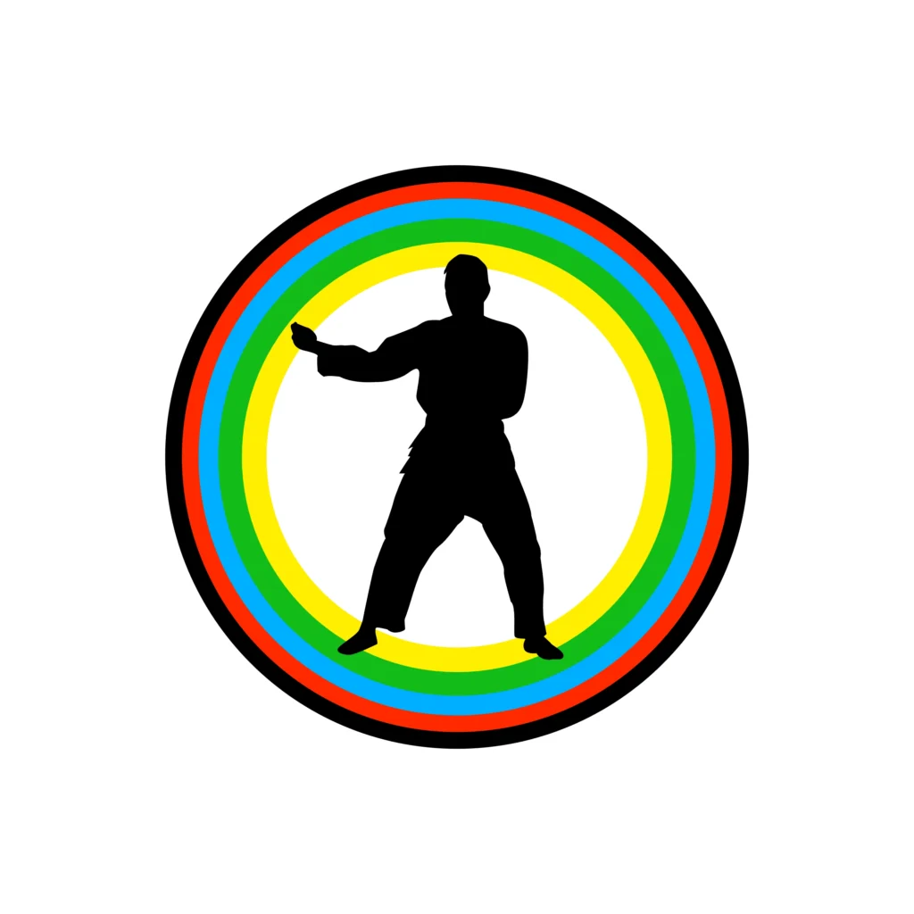 A series of circles representing Taekwondo belts with black on the outside working through red, blue, green and yellow to reach white at the centre. A silhouette in a Taekwondo stance is at the centre. This image is to illustrate the kup grade patterns
